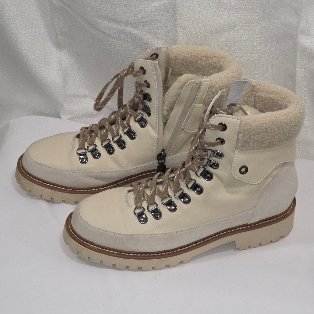 Blondo Natasia Waterproof Hiker Boots Cream Leather Faux Fur‎ Womens 6.5M